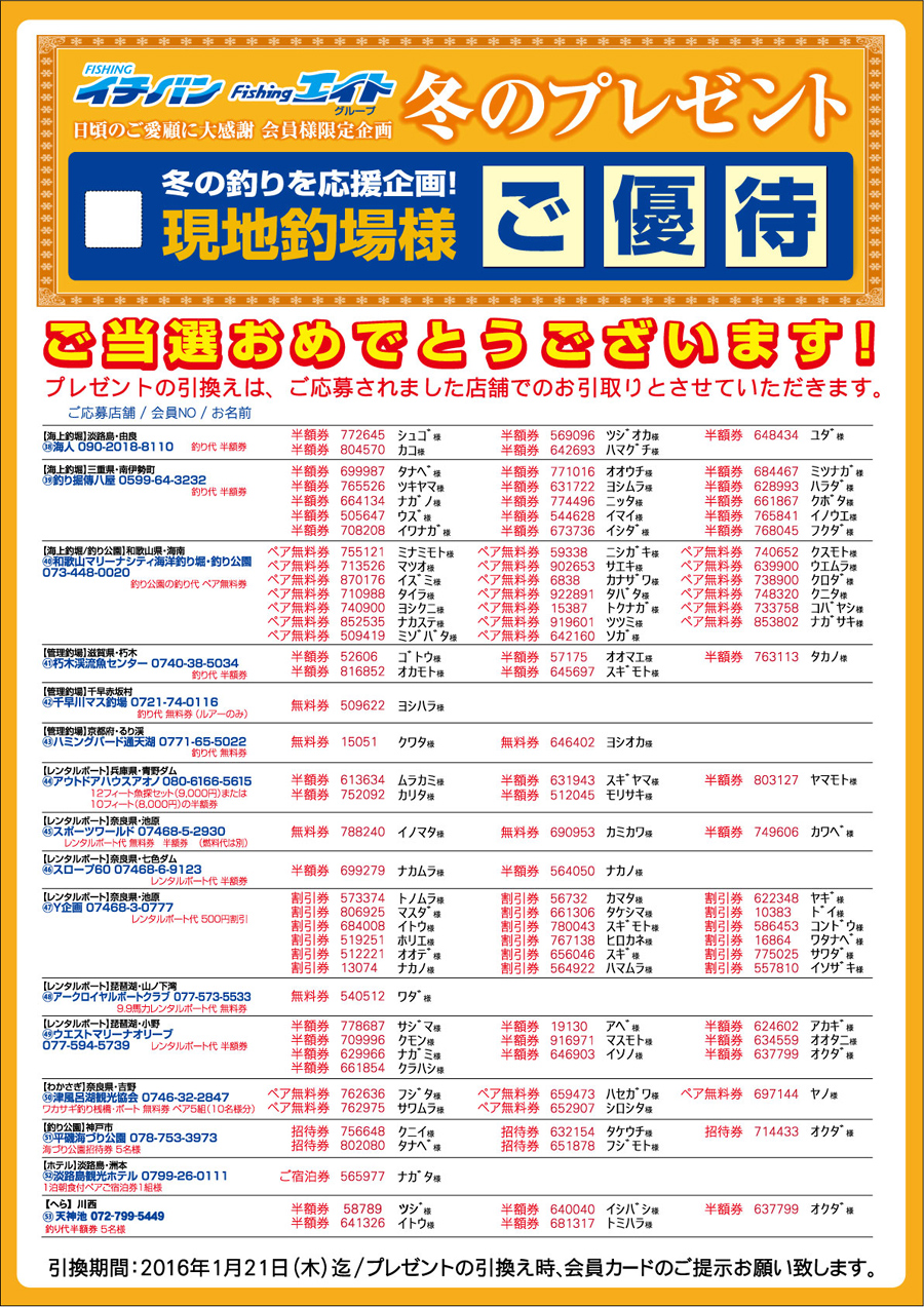 2015年冬のDM掲載「会員様限定企画 冬のプレゼント・現地釣場様ご優待券」の当選発表